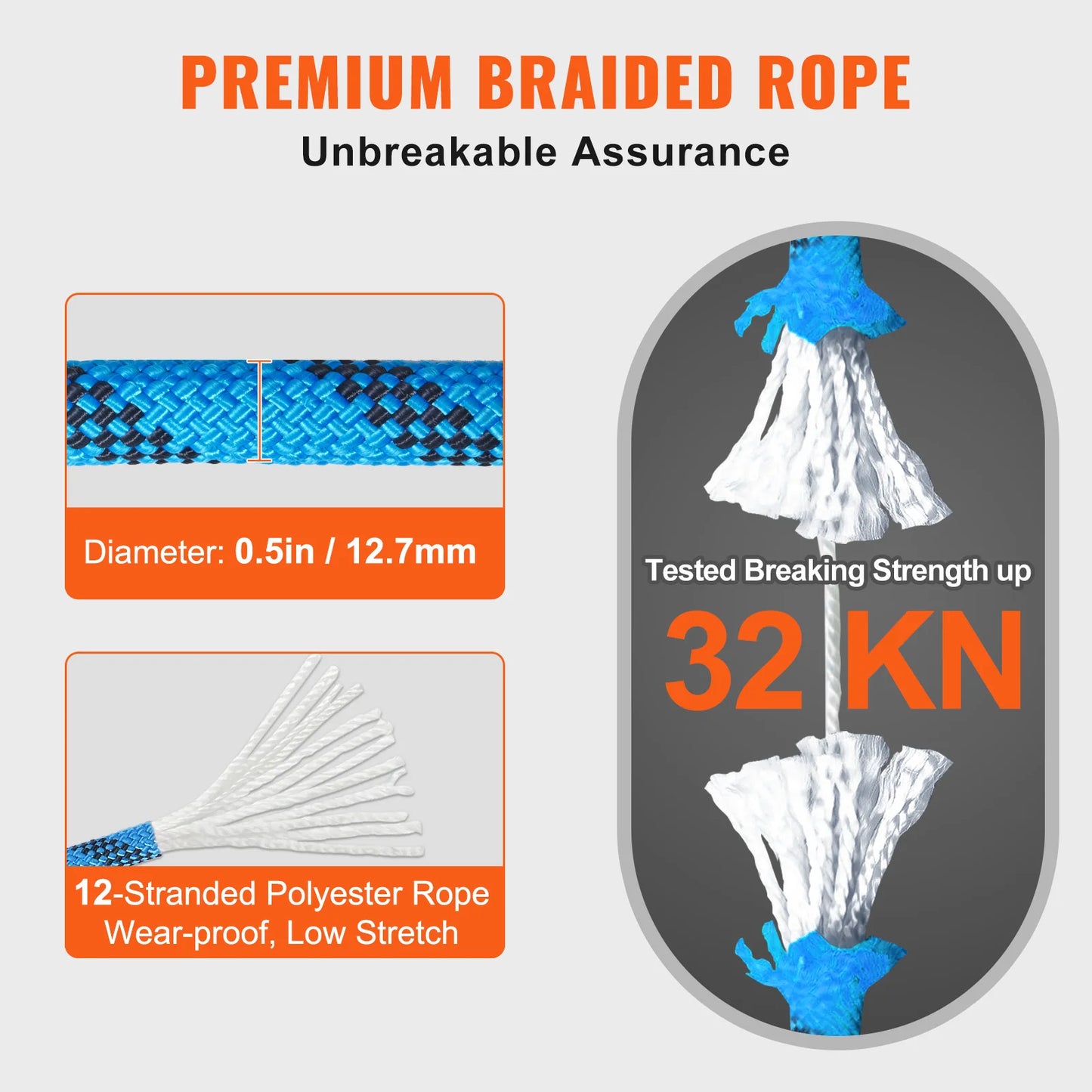 VEVOR Static Climbing Rope With 32 Kilonewtons Breaking Strength