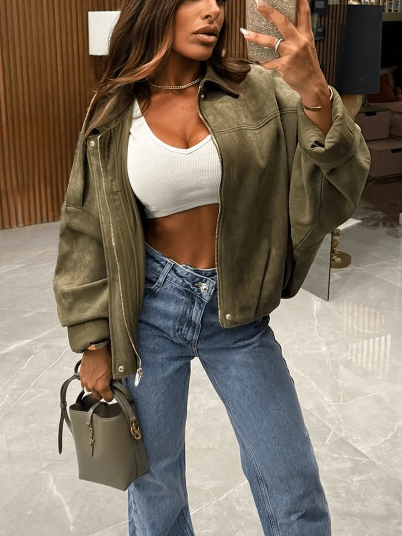 Suede Bomber Jacket For Women With Zipper Front Casual Streetwear