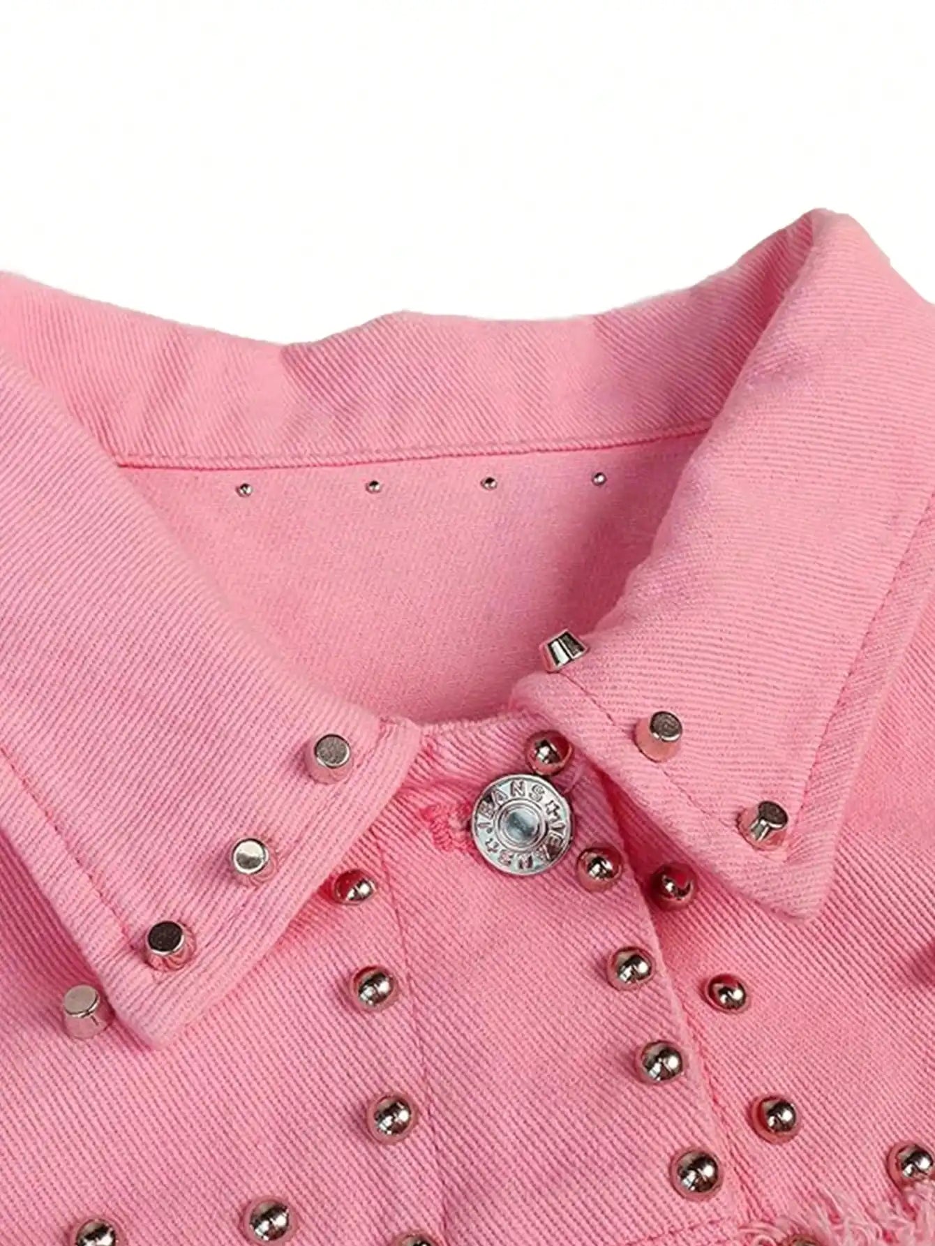 Studded Crop Denim Jacket For Women With Frayed Edges