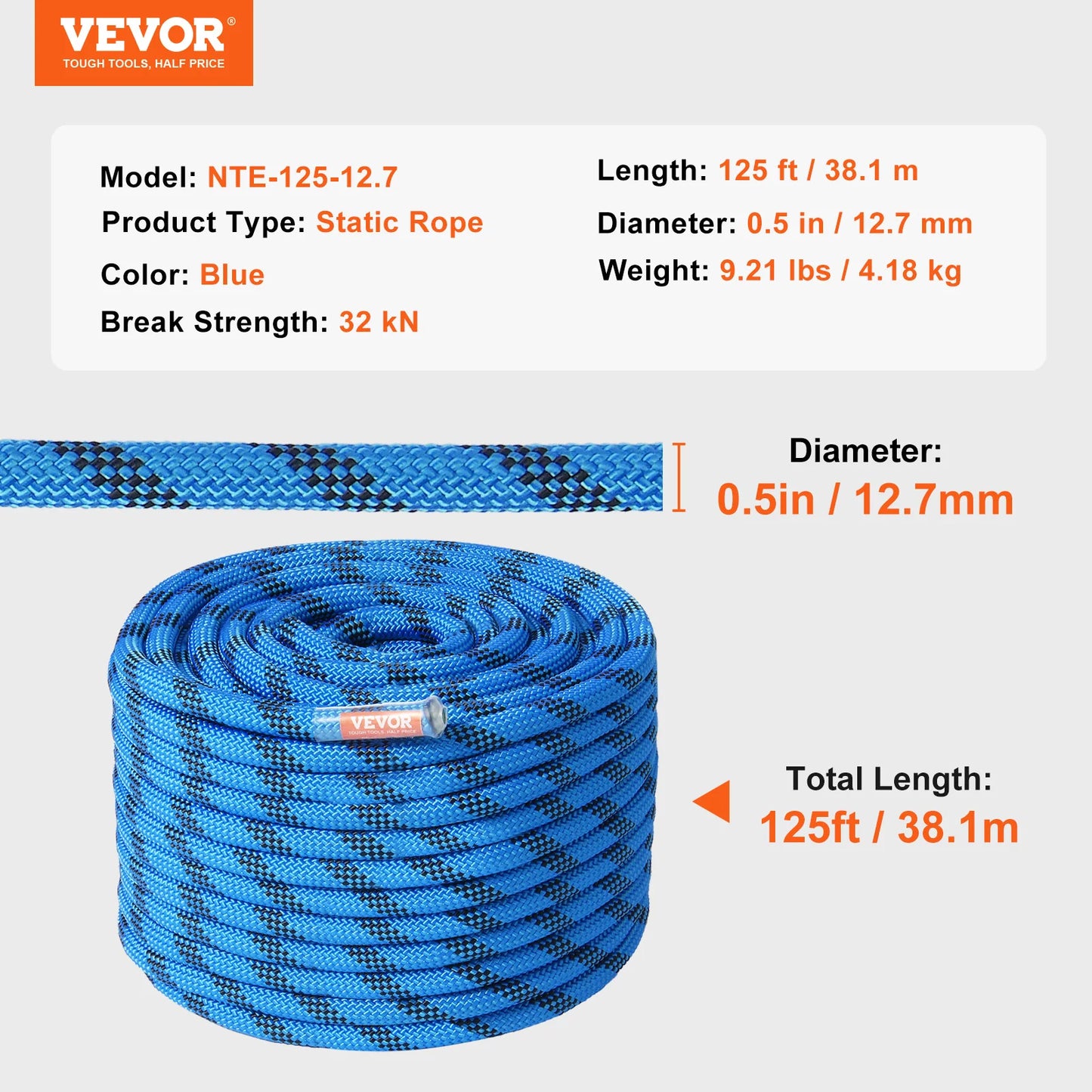 VEVOR Static Climbing Rope With 32 Kilonewtons Breaking Strength