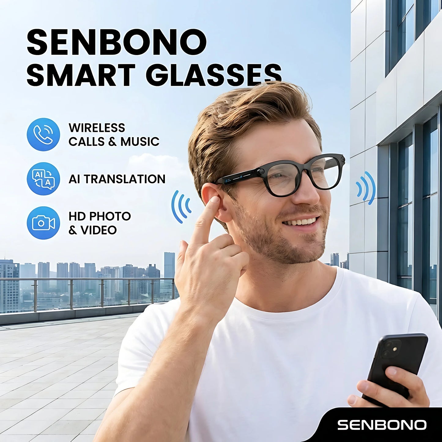 SENBONO Smart Glasses With AI Translator Bluetooth Built In Camera