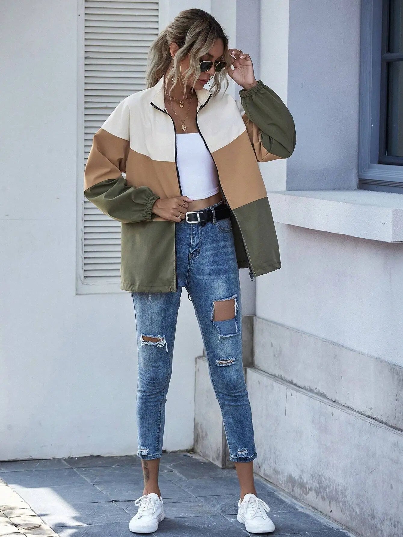 Zip-Up Jacket With Drawstring Hem Women's Fall Streetwear
