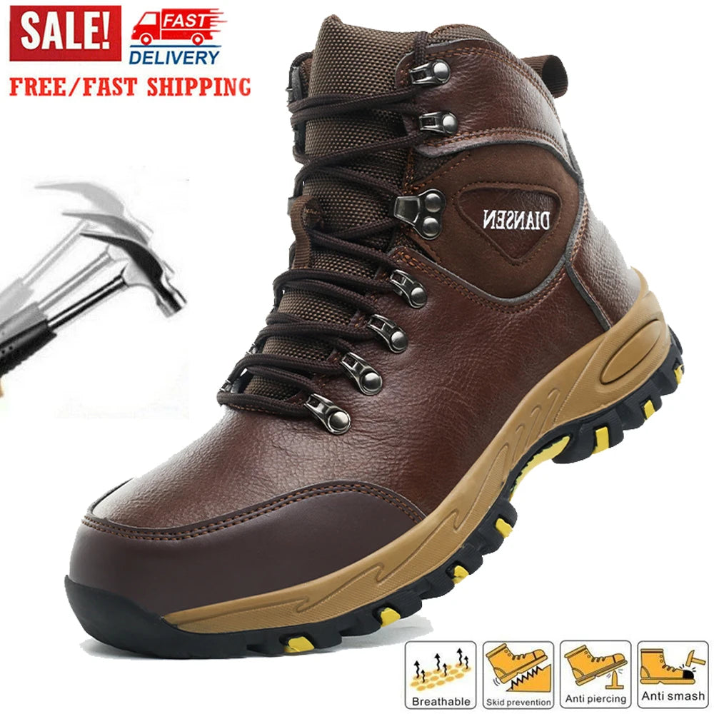 High Top Men Work Shoes Anti-Puncture Anti-smash Work Sneakers Slip Resistant Comfortable Soft Water Resistant Work Hiking Boots