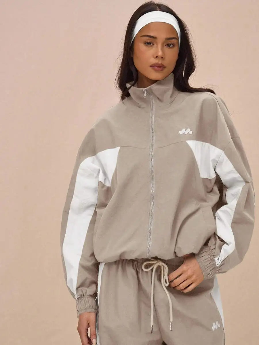 Nylon Track Jacket With Contrast Panels Full Zip Sporty