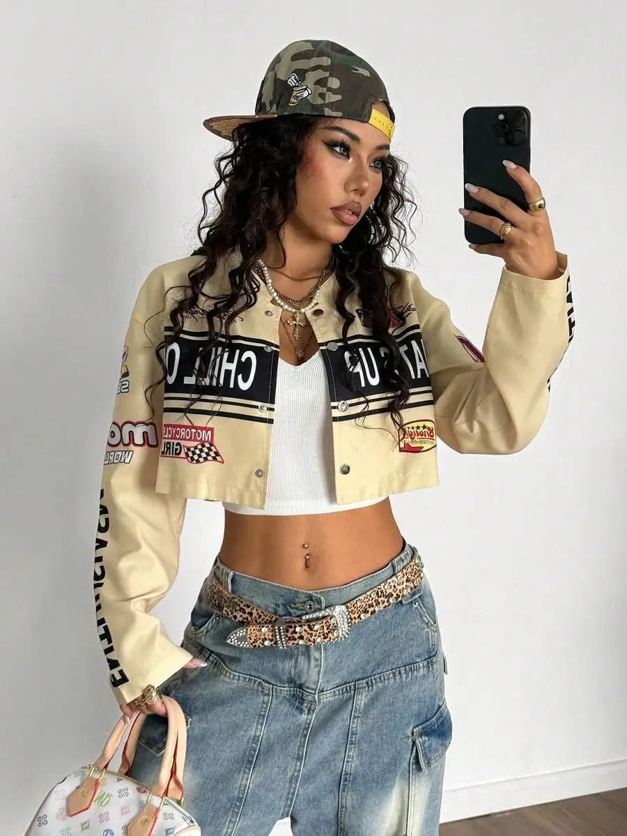 Womens Cropped Streetwear Jacket With Bold Letter Print Racing Stripe