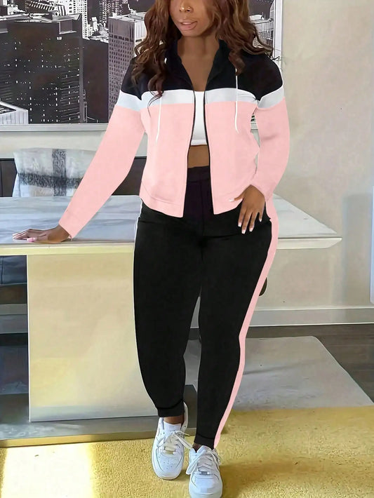 Block Zip-Up Hooded Jacket and Side-Stripe Joggers Set