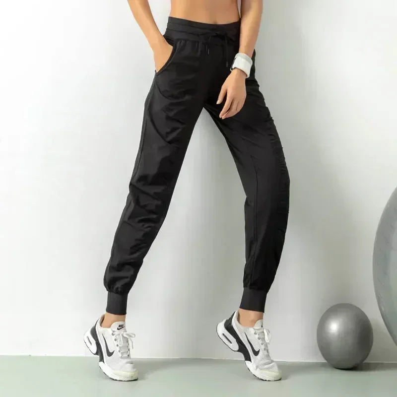 Fabric Drawstring Running Sport Joggers Women Quick Dry Athletic Gym Fitness Sweatpants with Side Pockets Leisure Exercise Pants