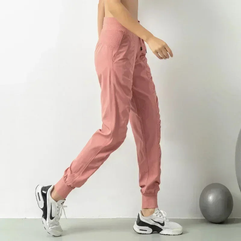 Fabric Drawstring Running Sport Joggers Women Quick Dry Athletic Gym Fitness Sweatpants with Side Pockets Leisure Exercise Pants