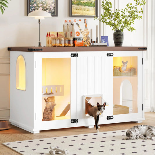 Cat House Hidden Litter Box Enclosure With Led Light Doors