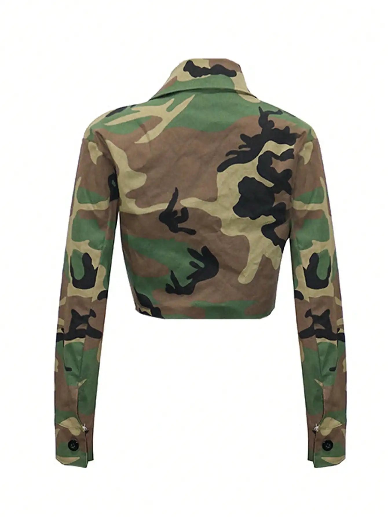 Camo Print Cropped Long Sleeve Jacket With Distressed Hem