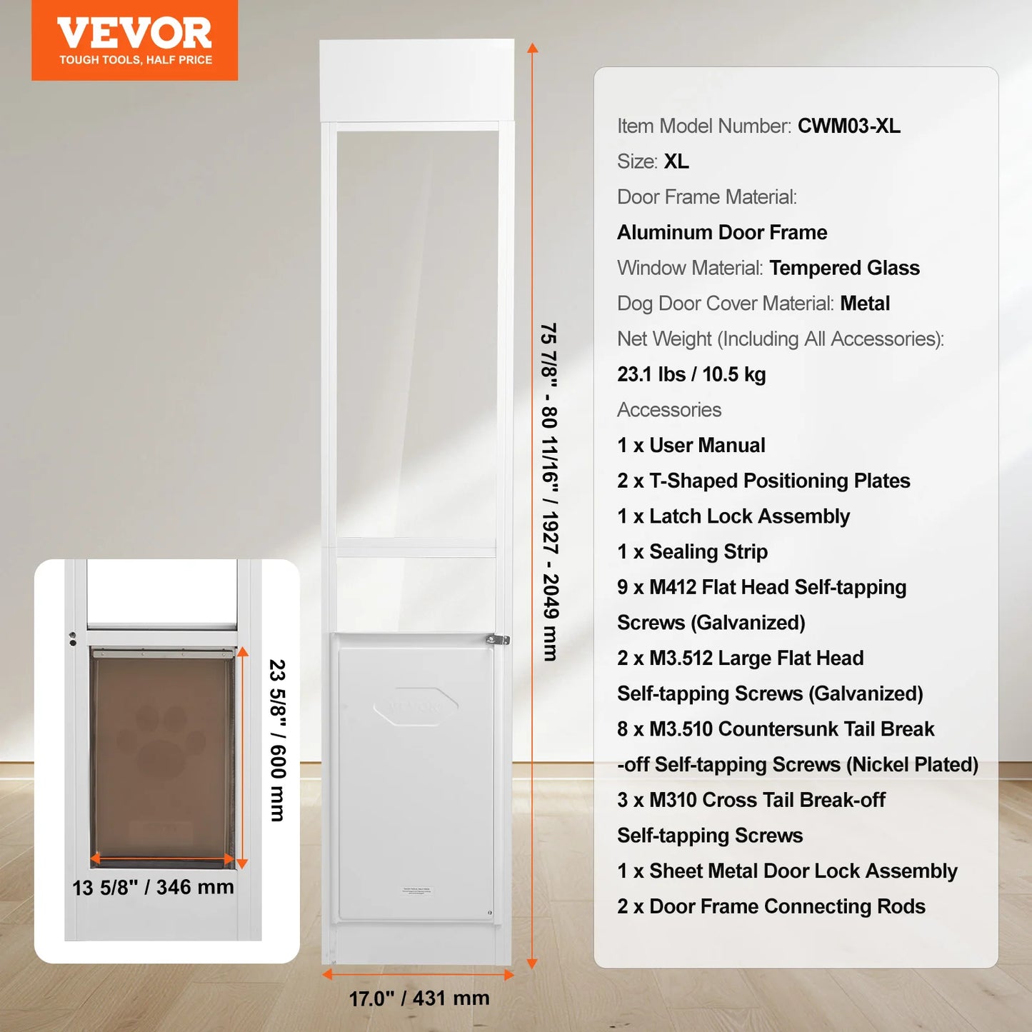 NONEDogDoor Sliding Glass Dog Door With Adjustable Height Aluminum Frame