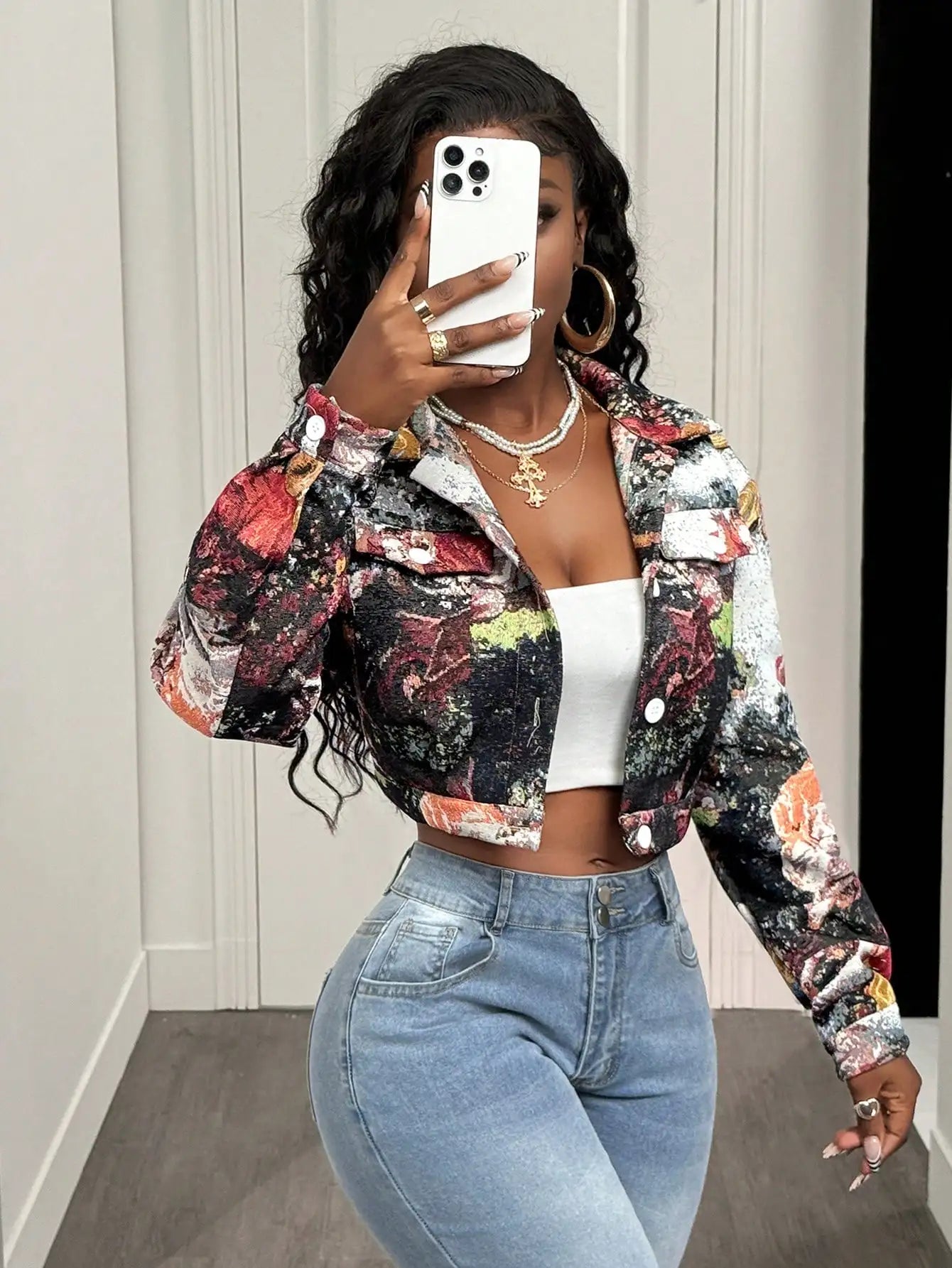 Retro Floral Jacquard Cropped Jacket Women Slim Fit Button Front