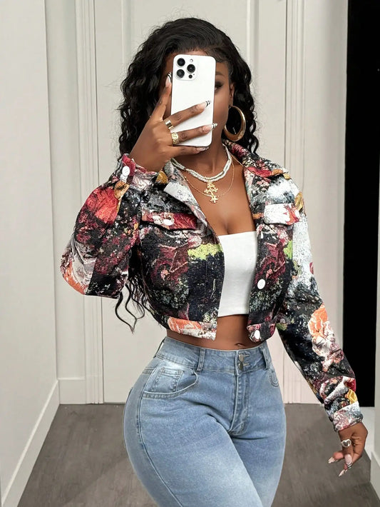 Retro Floral Jacquard Cropped Jacket Women Slim Fit Button Front