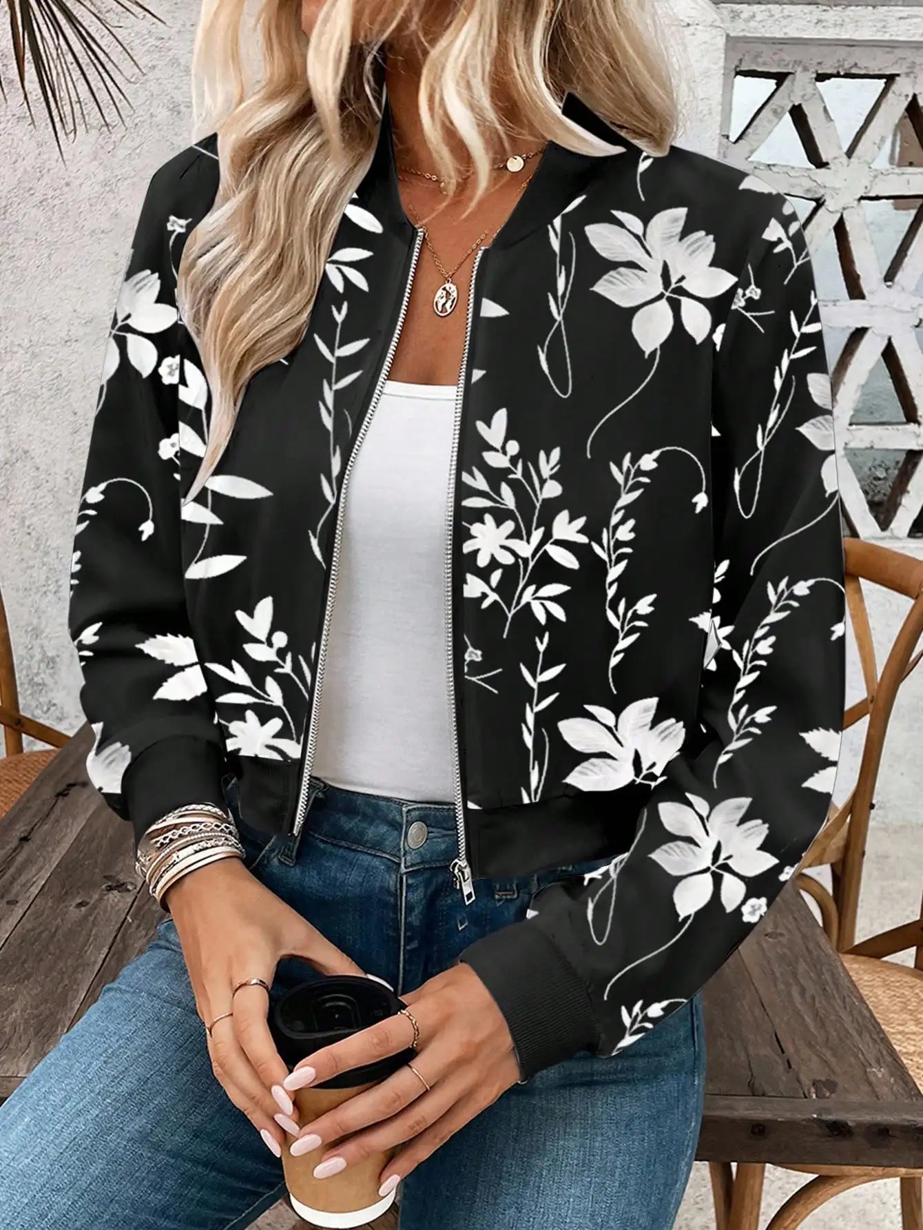 Floral Print Zip-Up Baseball Jacket For Women Casual Bomber Coat