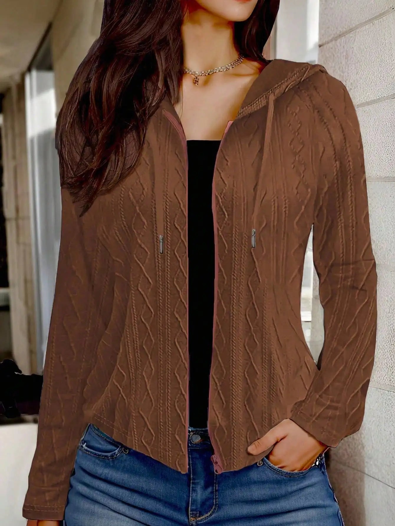 Cable Knit Hooded Zip-Up Jacket for Women With Drawstring
