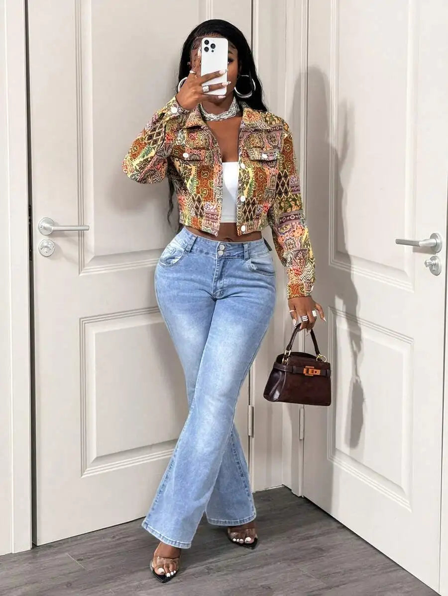 Retro Floral Jacquard Cropped Jacket Women Slim Fit Button Front