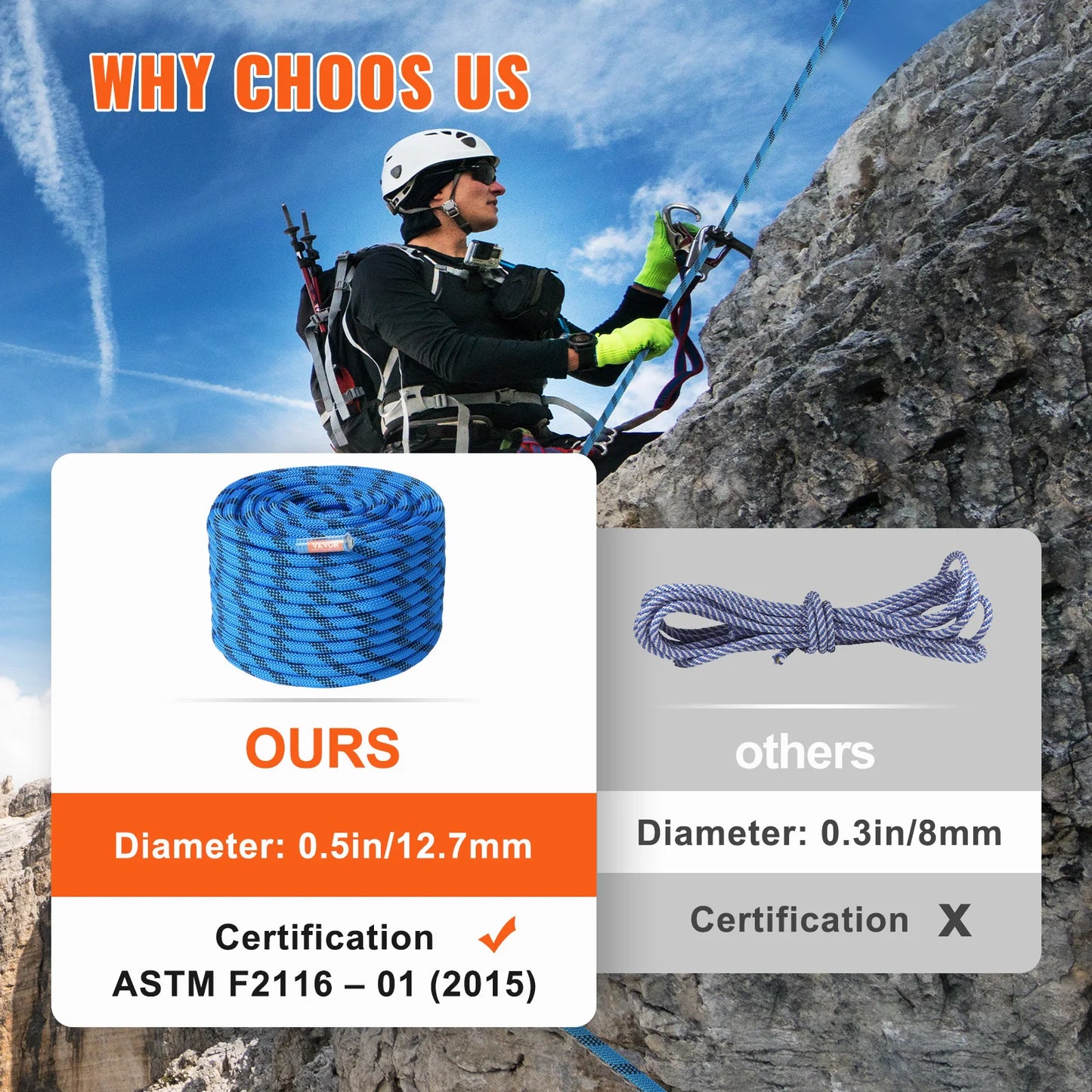 VEVOR Static Climbing Rope With 32 Kilonewtons Breaking Strength