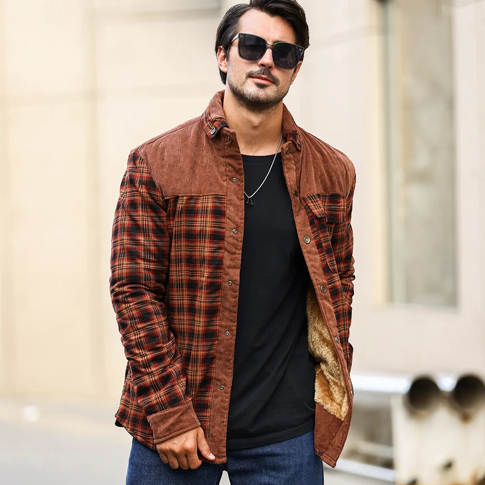 NONECN Mens Winter Windproof Bomber Jacket Plaid Sherpa Lining