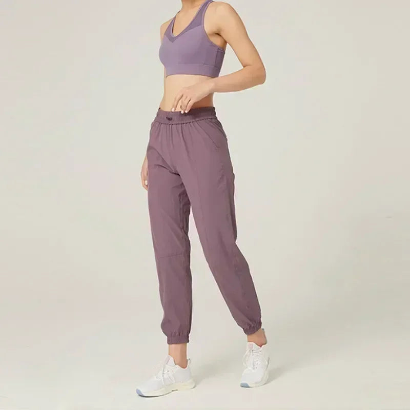 Fabric Drawstring Running Sport Joggers Women Quick Dry Athletic Gym Fitness Sweatpants with Side Pockets Leisure Exercise Pants