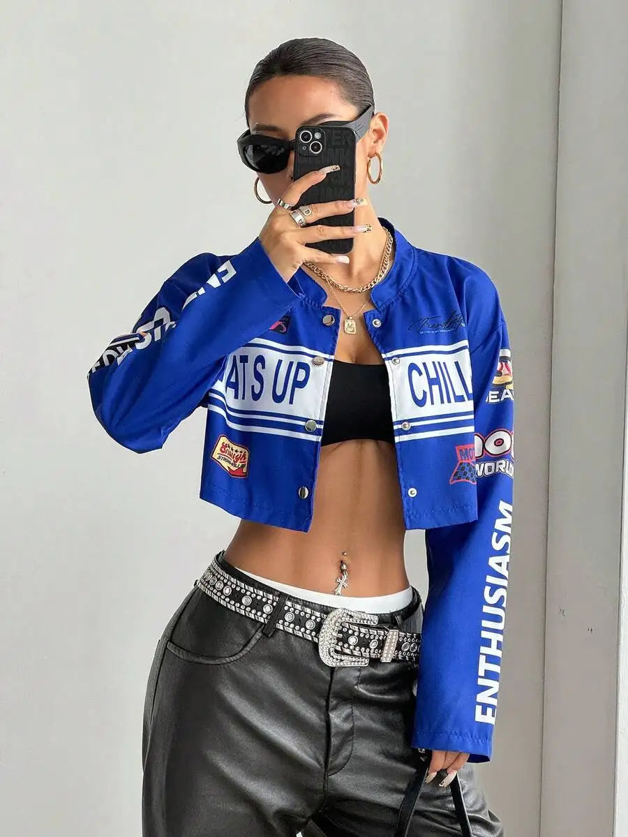 Womens Cropped Streetwear Jacket With Bold Letter Print Racing Stripe