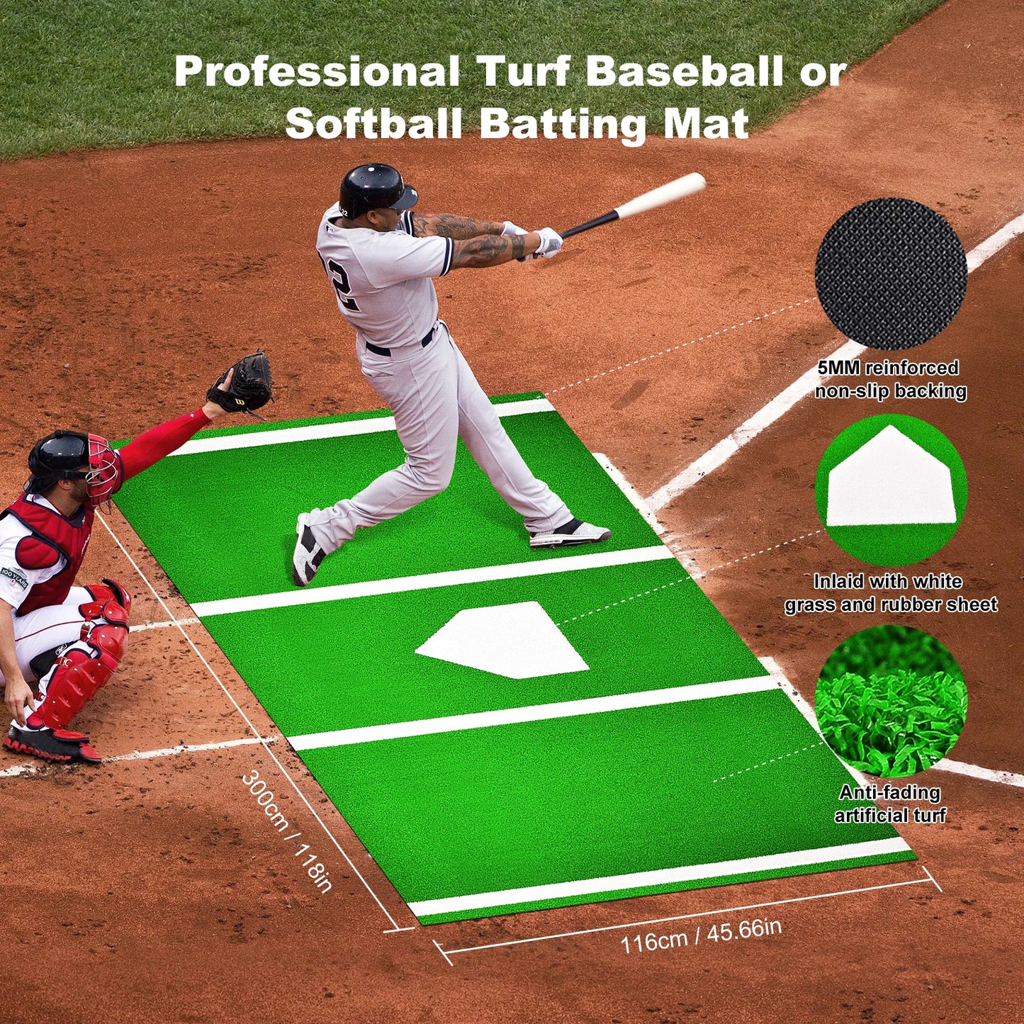 Baseball Hitting Mat With Antislip Rubber Backing For Batters Box