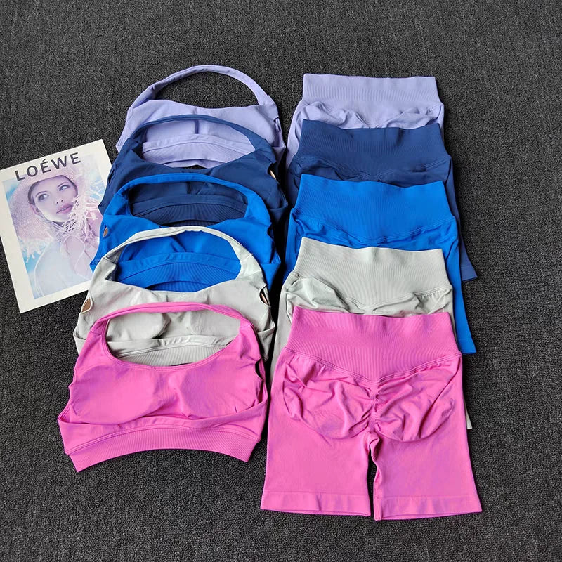 Two Piece Womens Seamless Yoga Set With High Waist Shorts