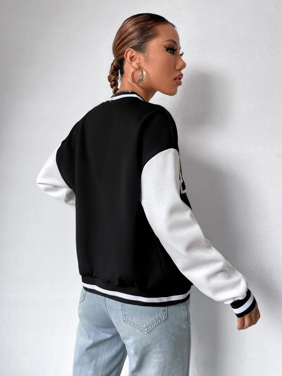 Women Letter Applique Baseball Jacket With Zipper Closure