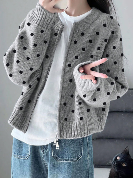 Knit Zipper Cardigan For Women With Ribbed Cuffs And Hem