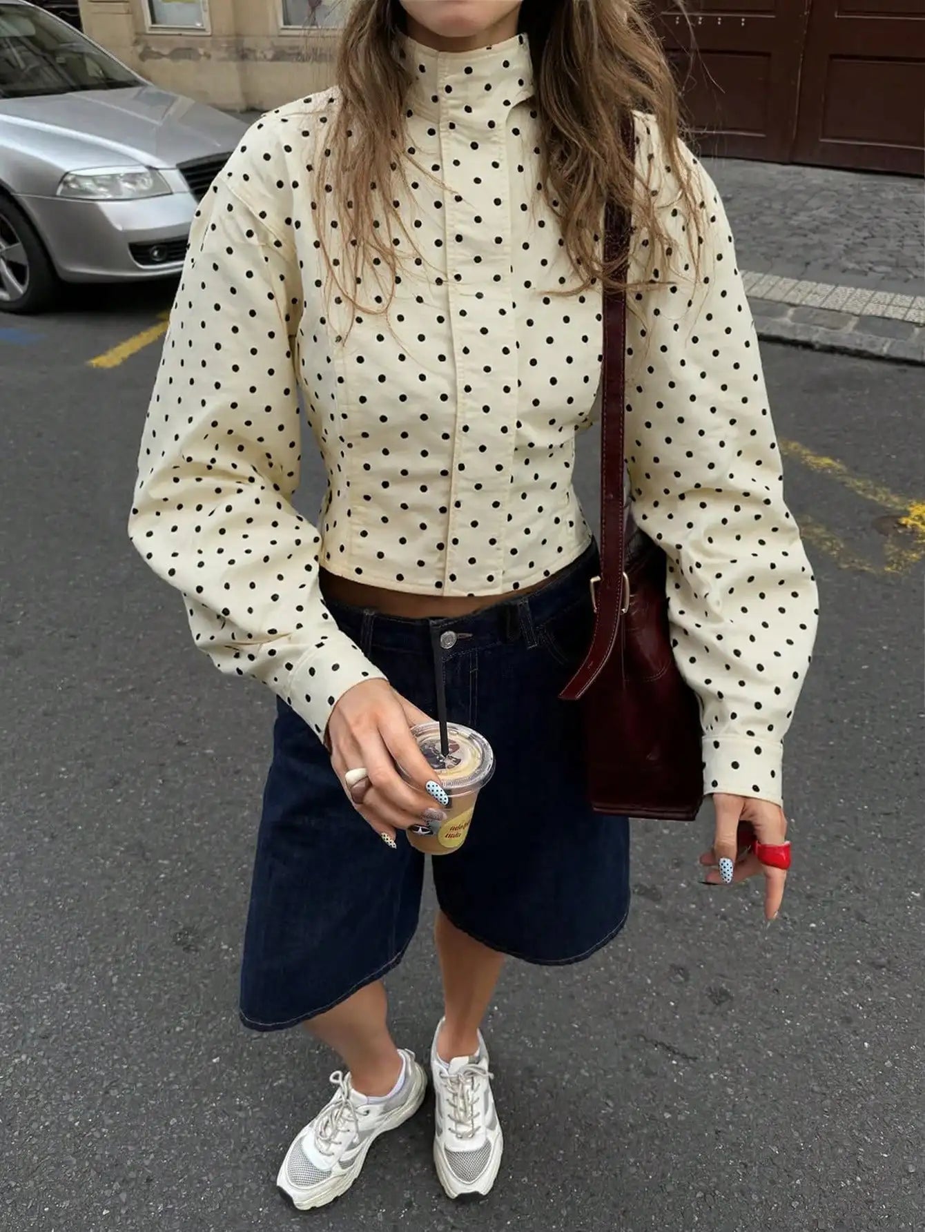 Retro Polka Dot Stand Collar Crop Jacket With Puff Sleeves
