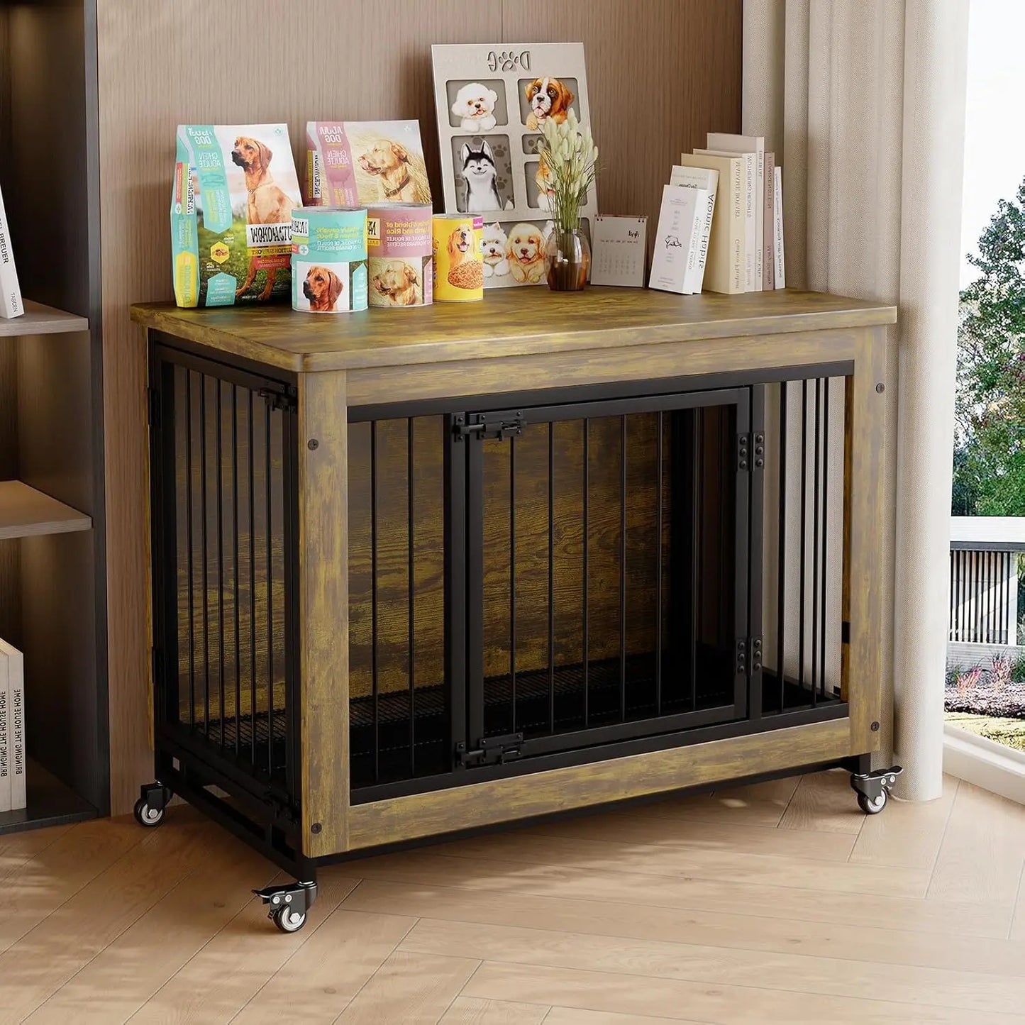 HiMISS 3-Door Wooden Dog Crate Furniture With Wheels