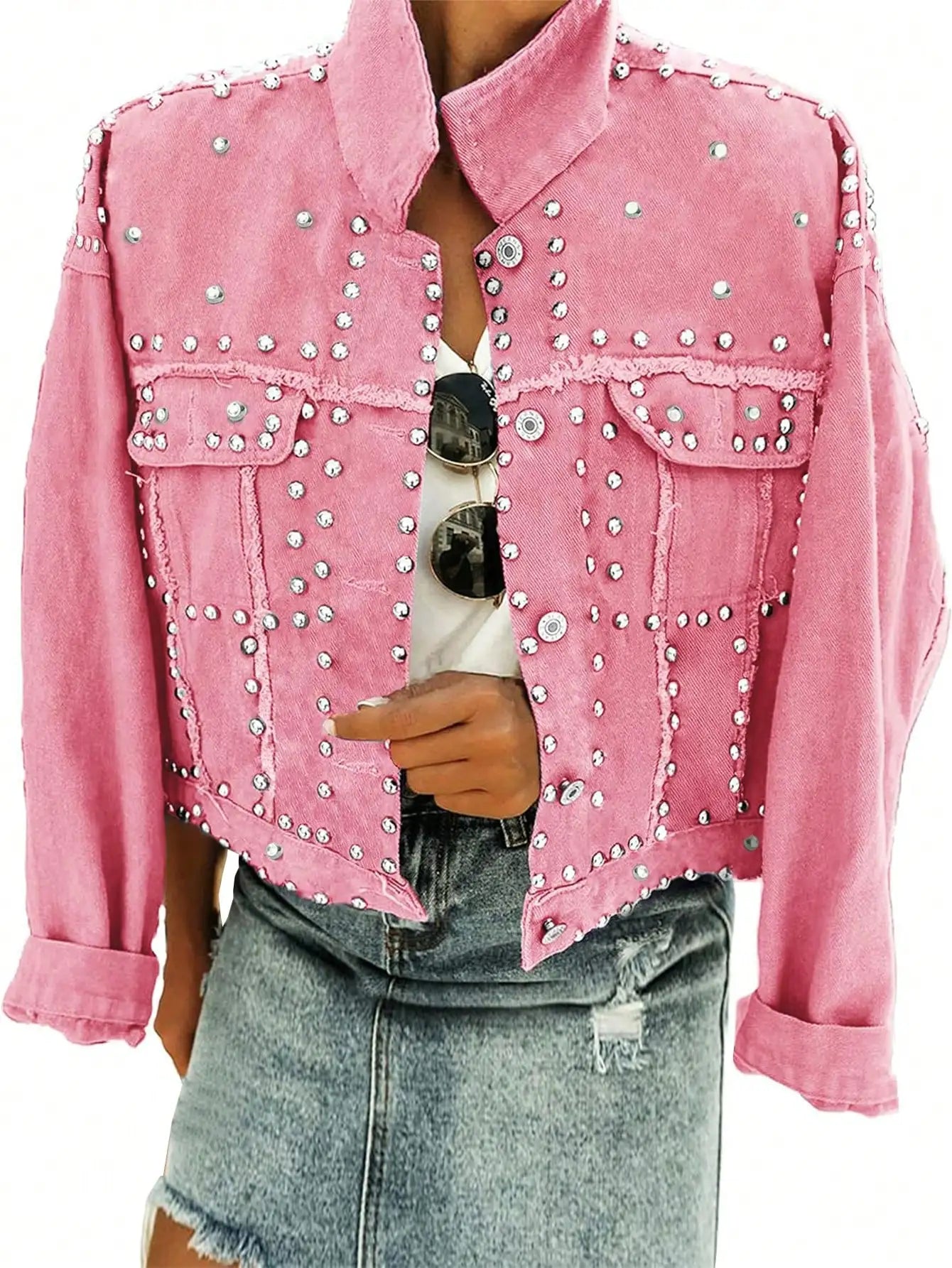 Studded Crop Denim Jacket For Women With Frayed Edges