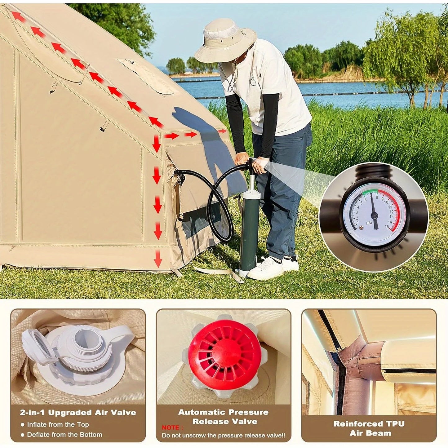 Inflatable Family Camping Tent With Skylight Chimney Waterproof Oxford Cloth