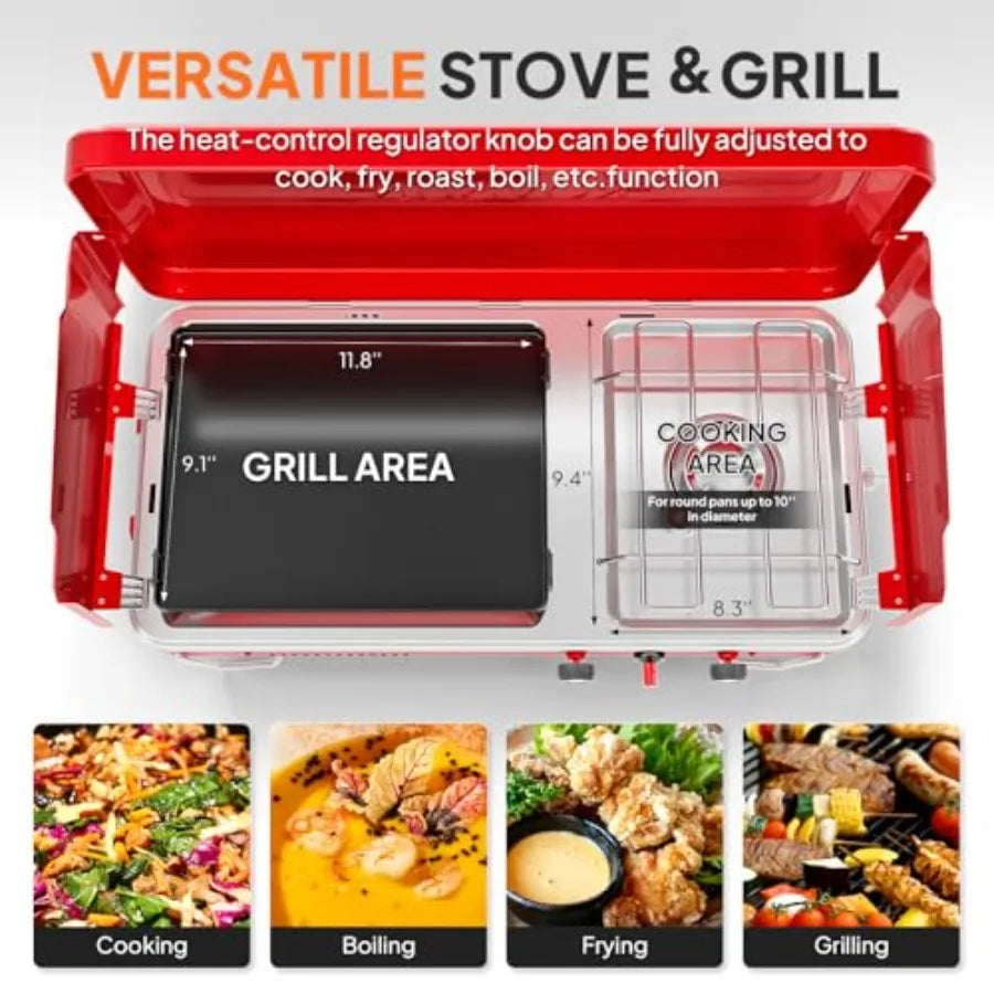 XMSJ 2-in-1 Portable Camping Stove Propane Grill With Enamel Griddle