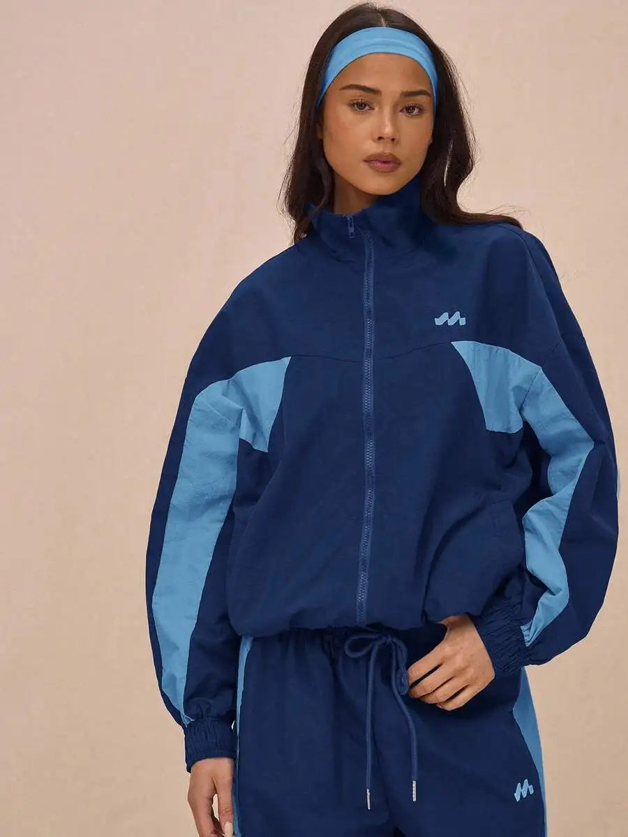 Nylon Track Jacket With Contrast Panels Full Zip Sporty