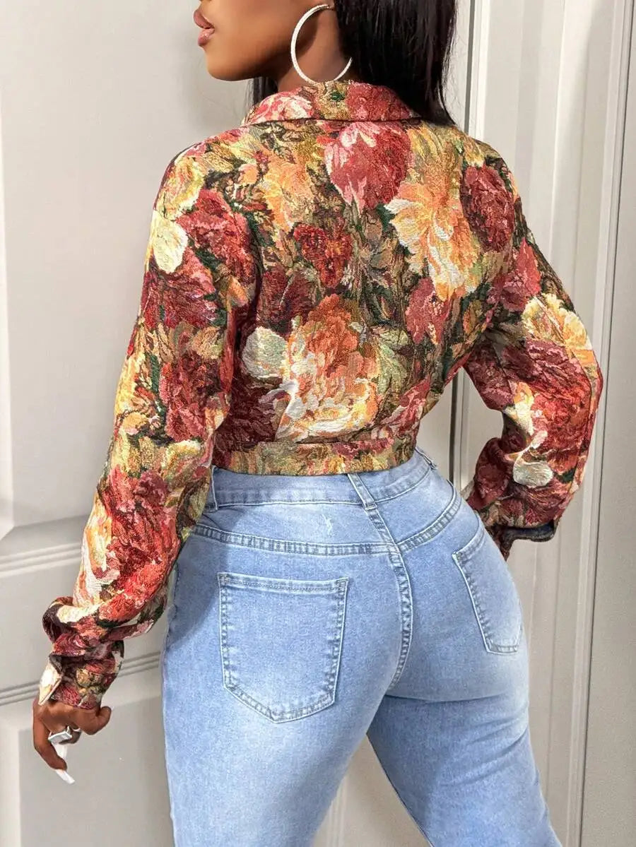 Retro Floral Jacquard Cropped Jacket Women Slim Fit Button Front
