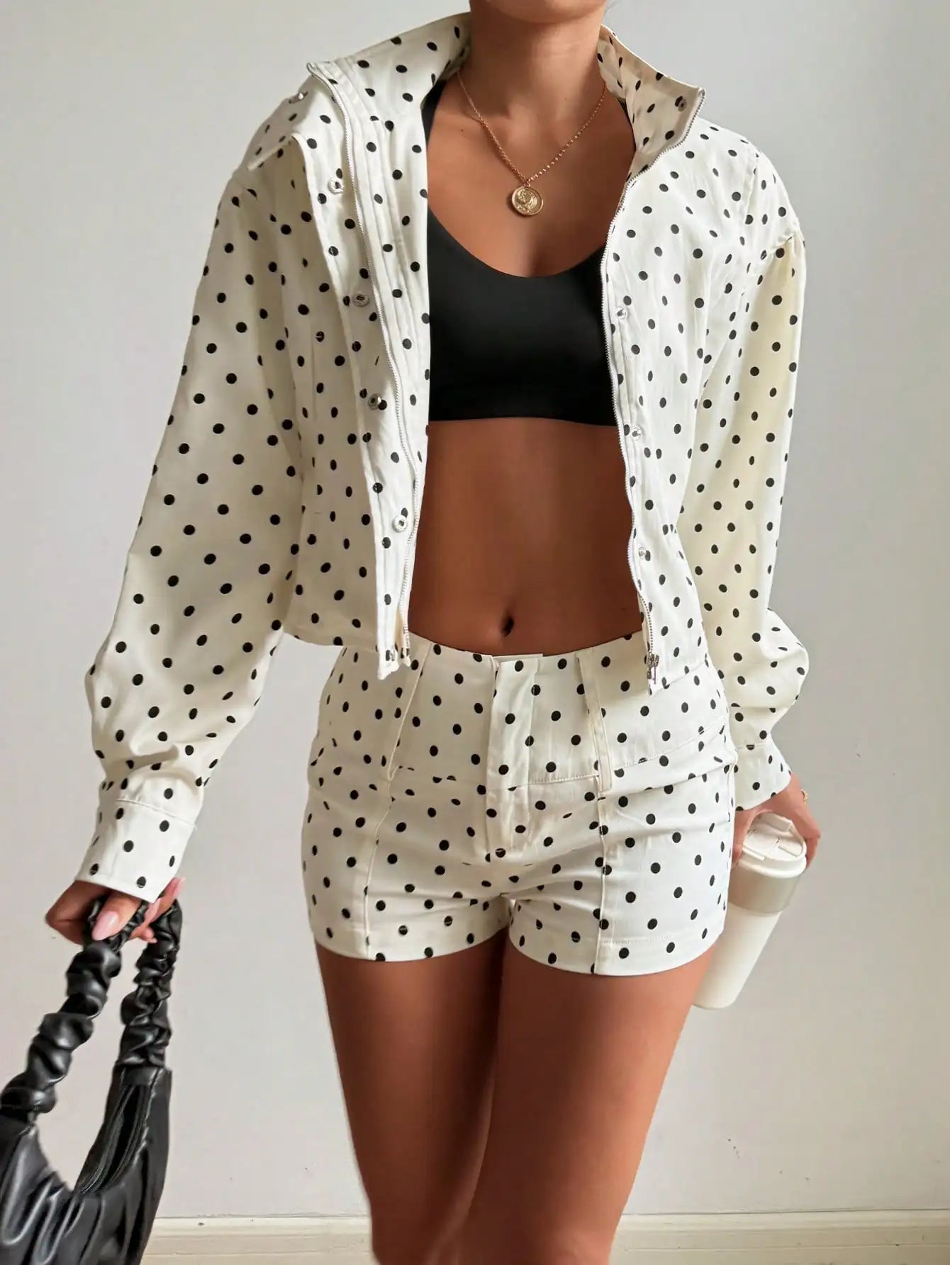 Retro Polka Dot Stand Collar Crop Jacket With Puff Sleeves