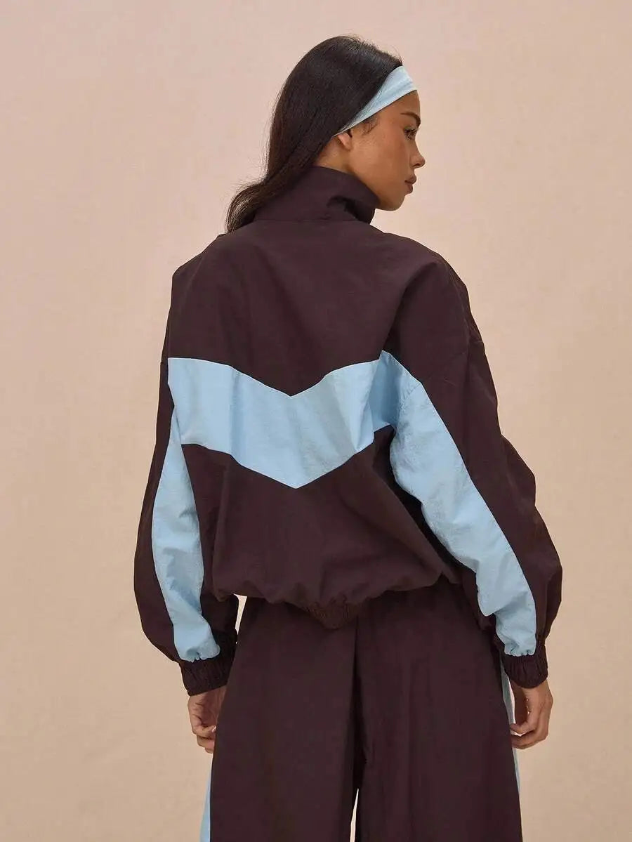 Nylon Track Jacket With Contrast Panels Full Zip Sporty