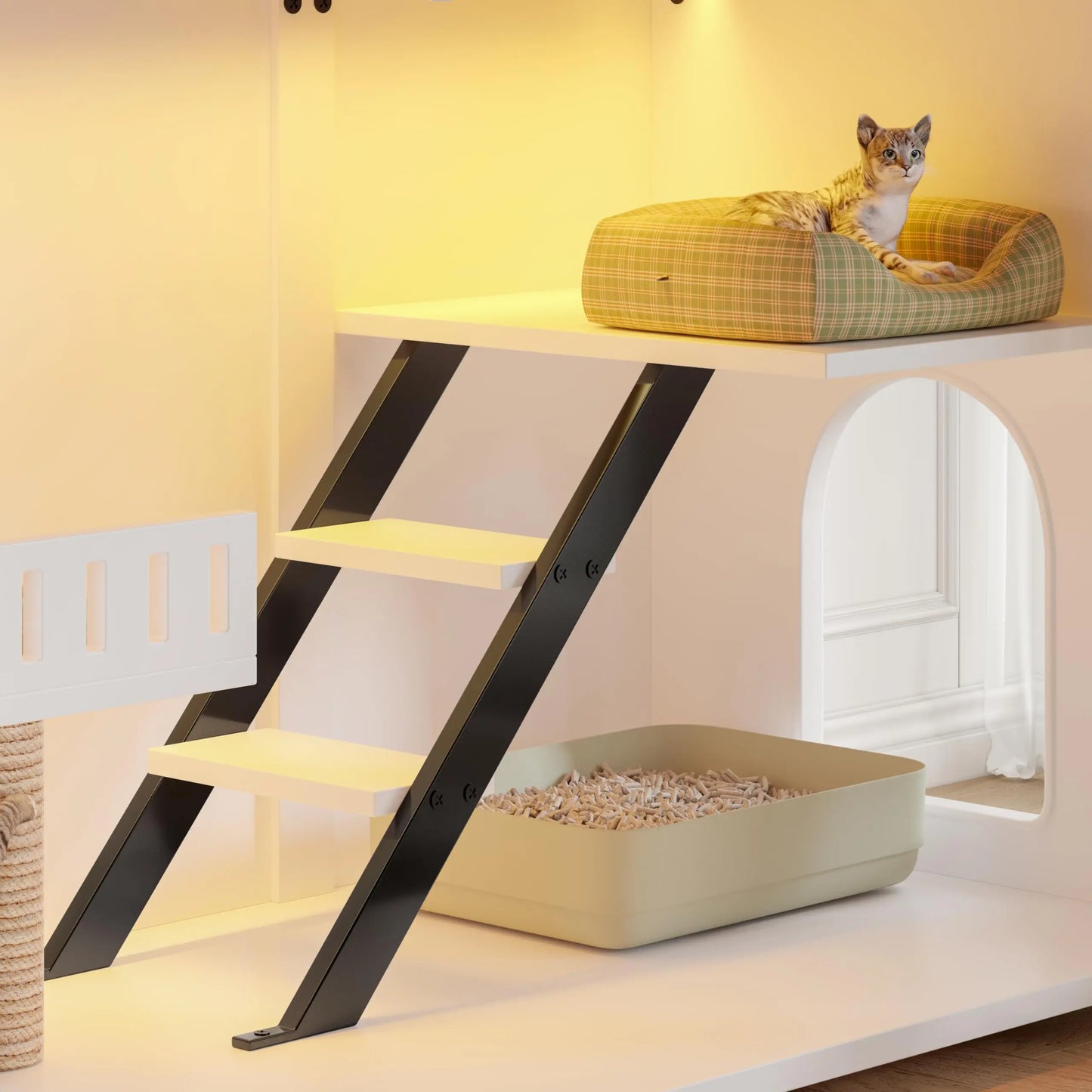 Cat House Hidden Litter Box Enclosure With Led Light Doors