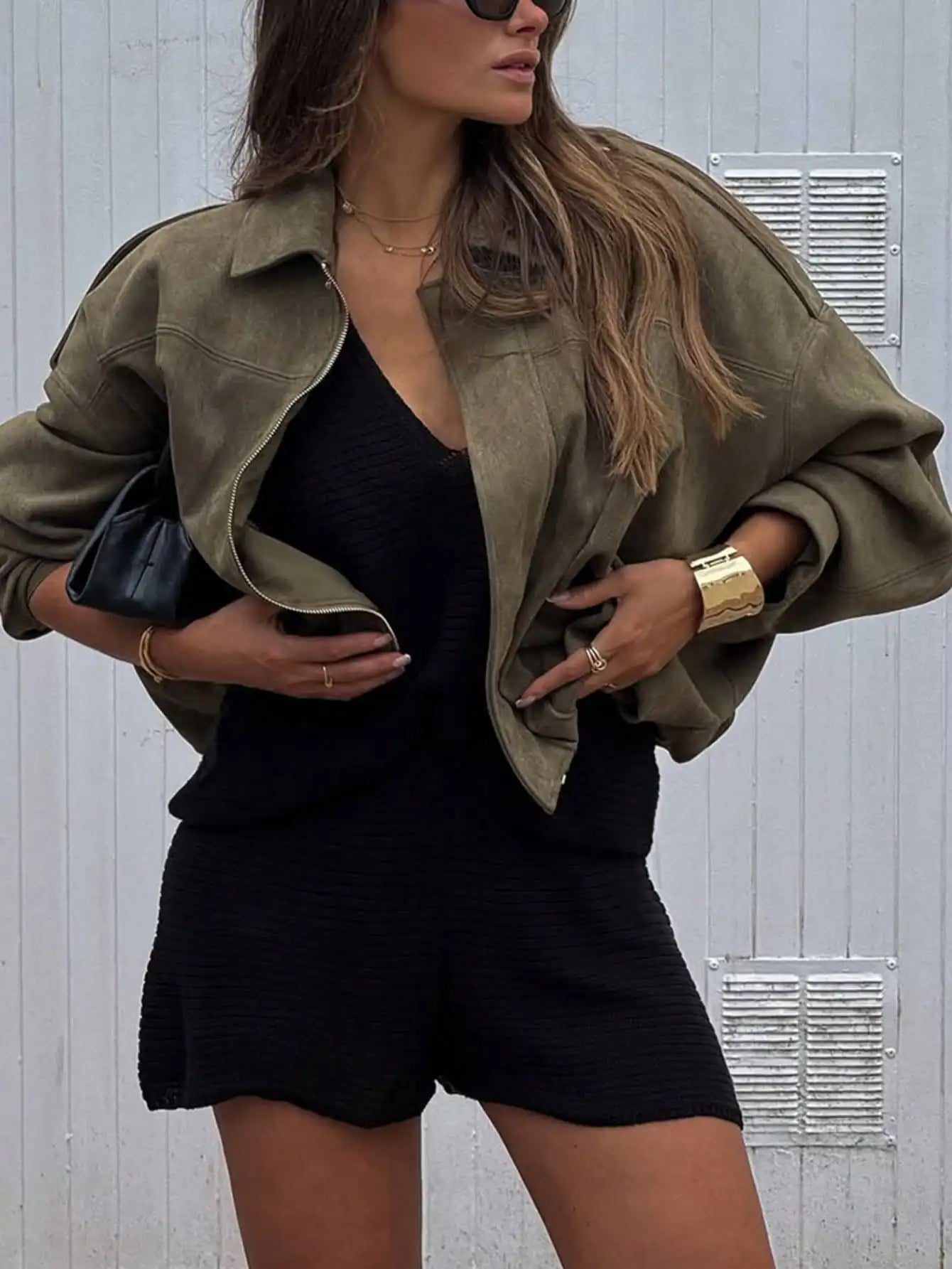Suede Bomber Jacket For Women With Zipper Front Casual Streetwear