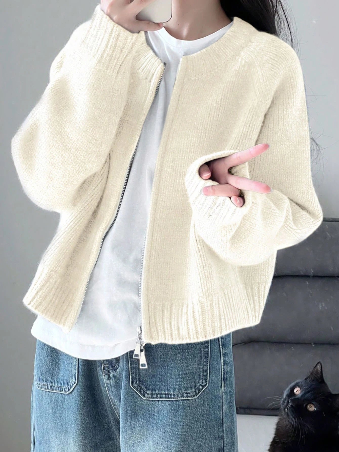 Knit Zipper Cardigan For Women With Ribbed Cuffs And Hem