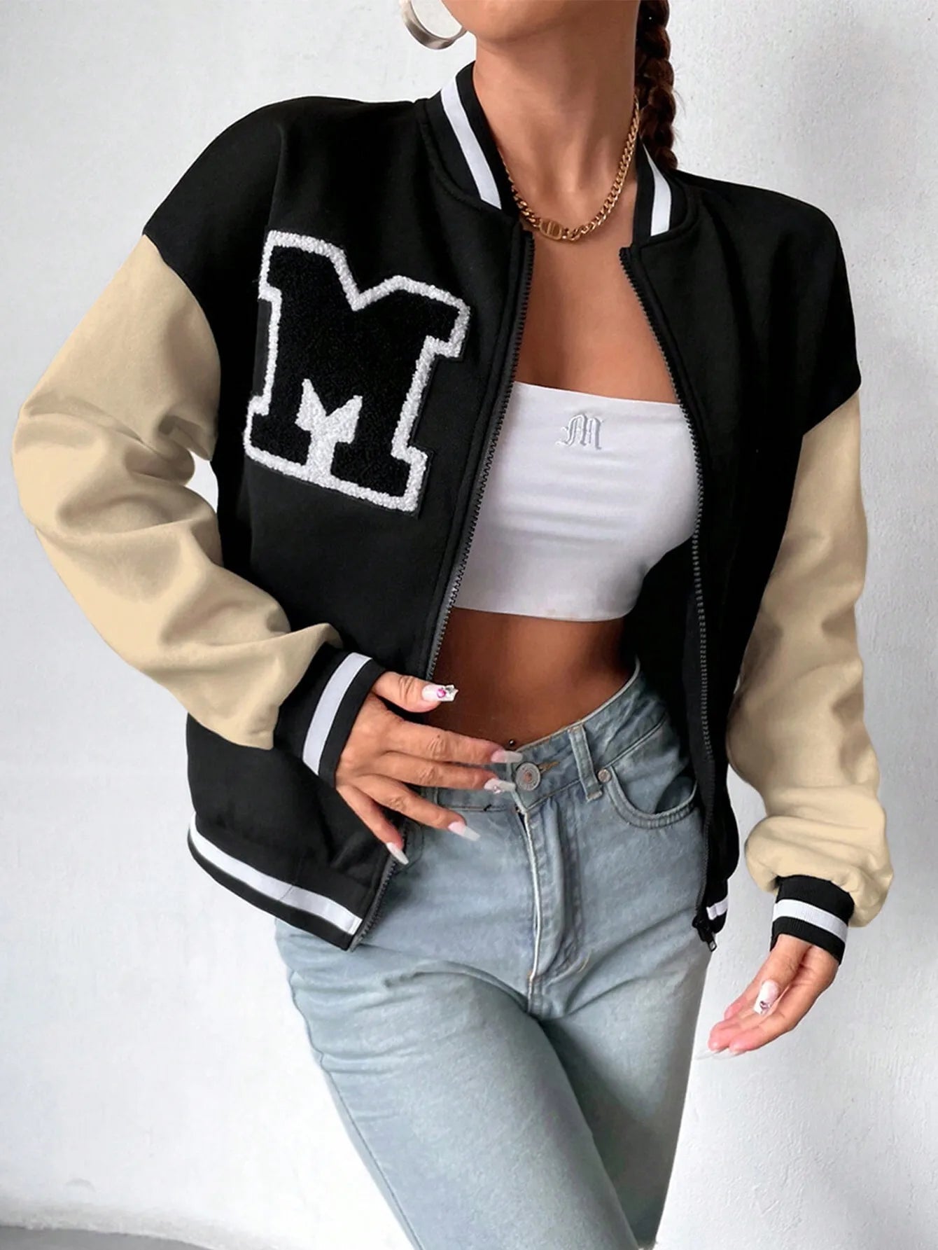 Women Letter Applique Baseball Jacket With Zipper Closure