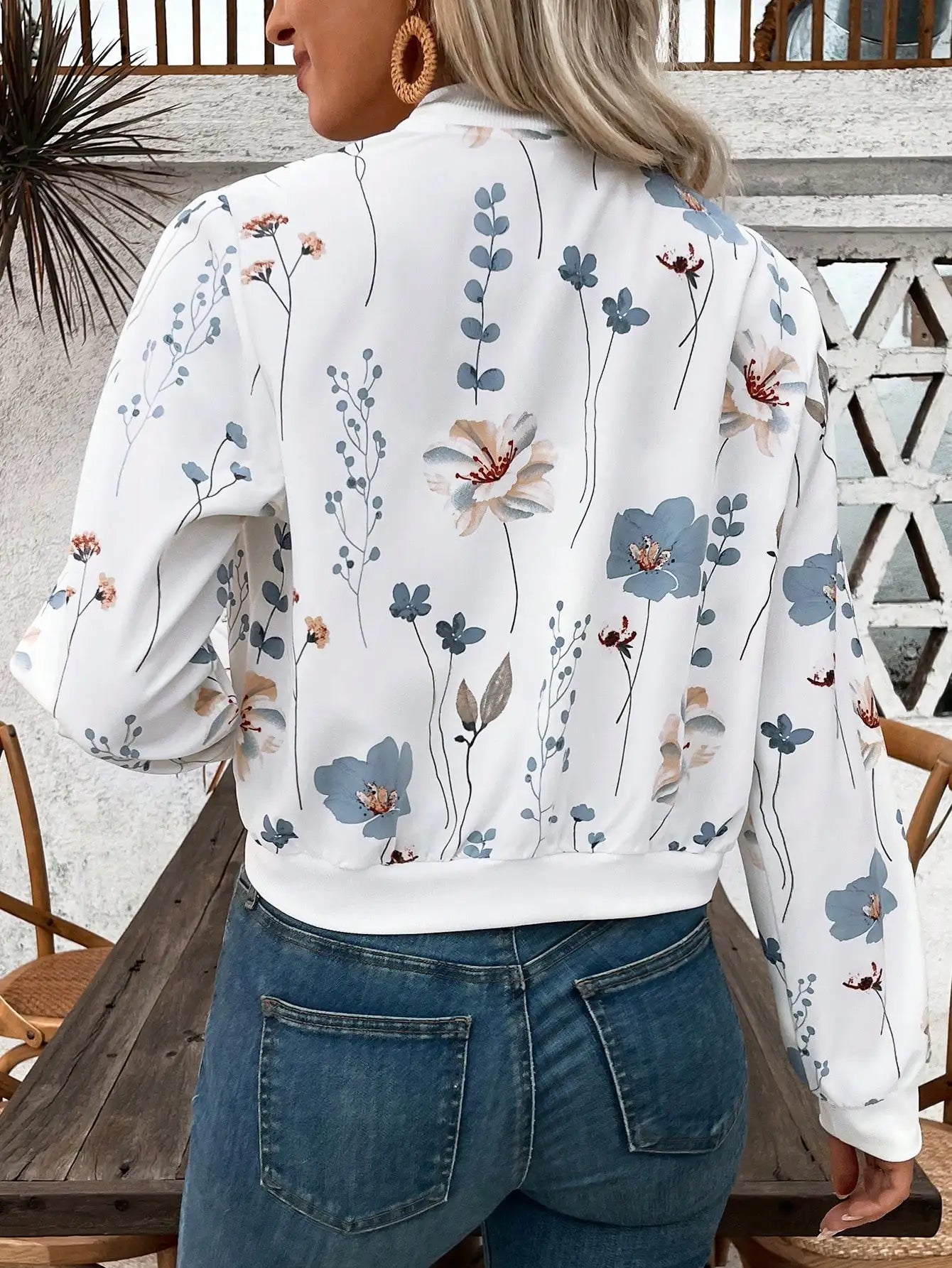 Floral Print Zip-Up Baseball Jacket For Women Casual Bomber Coat