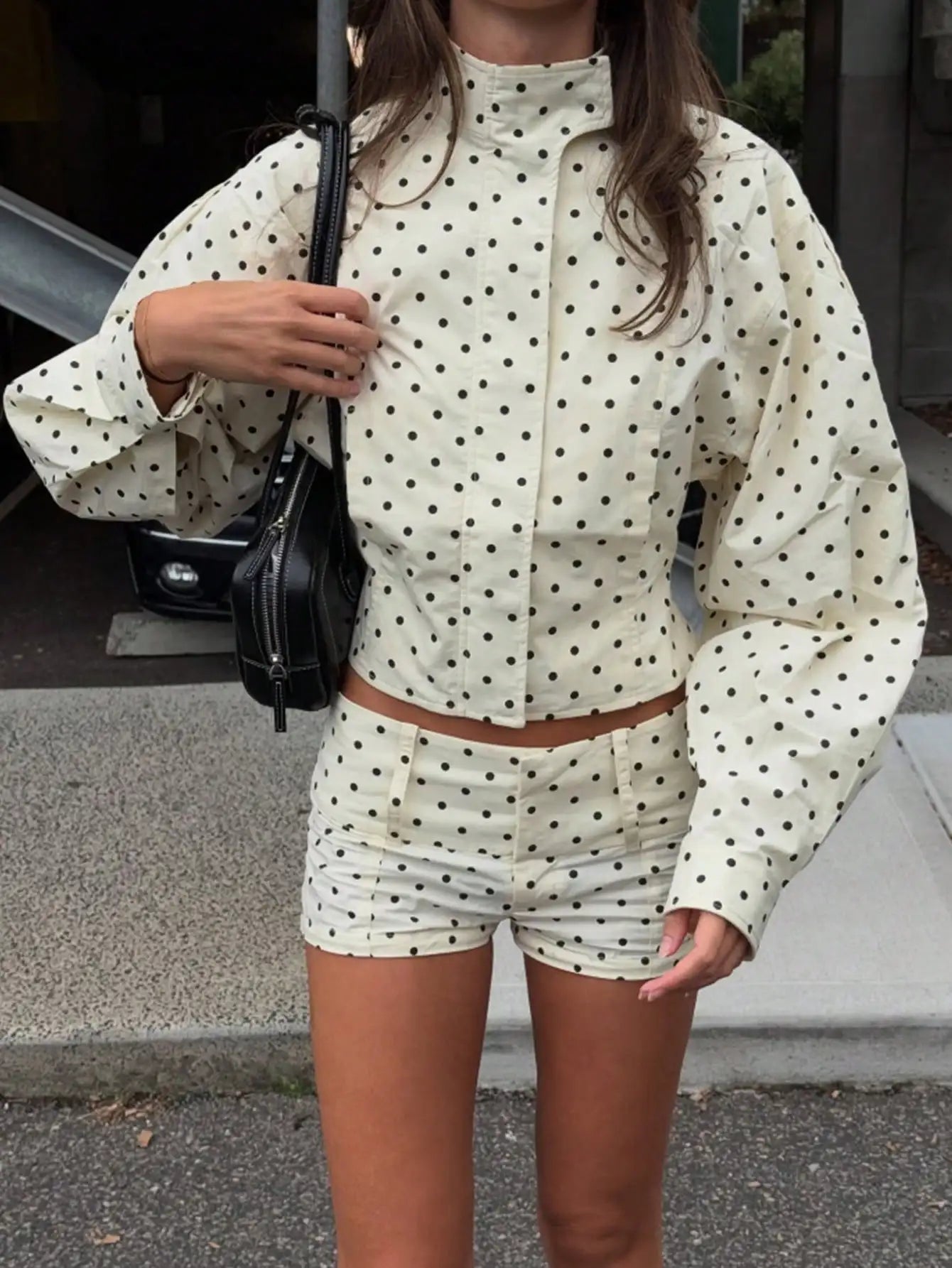 Retro Polka Dot Stand Collar Crop Jacket With Puff Sleeves