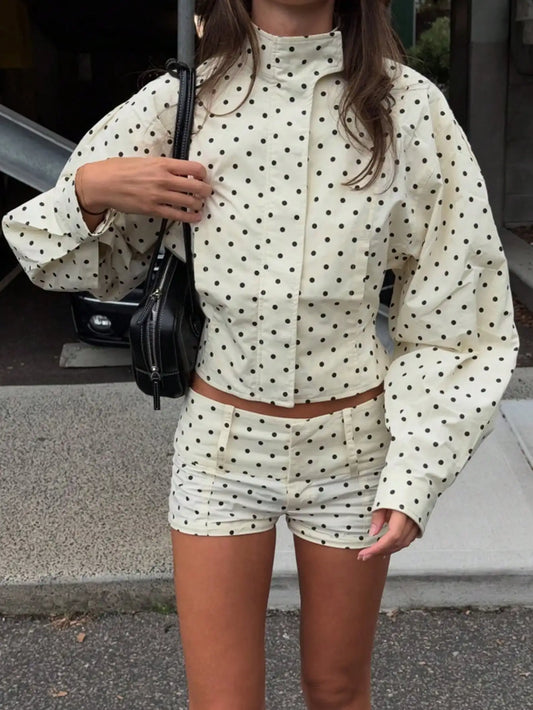 Retro Polka Dot Stand Collar Crop Jacket With Puff Sleeves