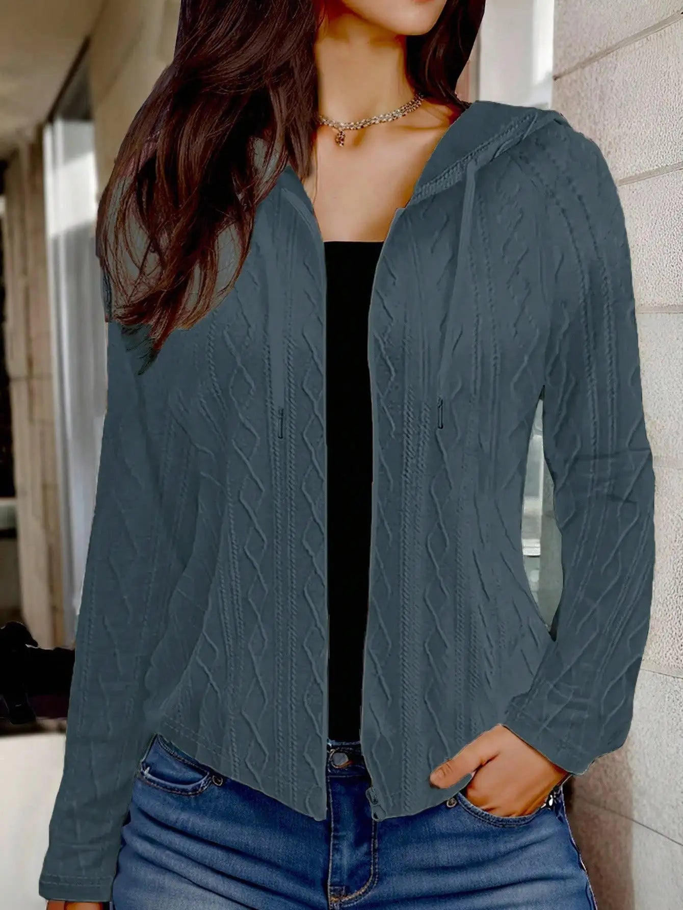 Cable Knit Hooded Zip-Up Jacket for Women With Drawstring