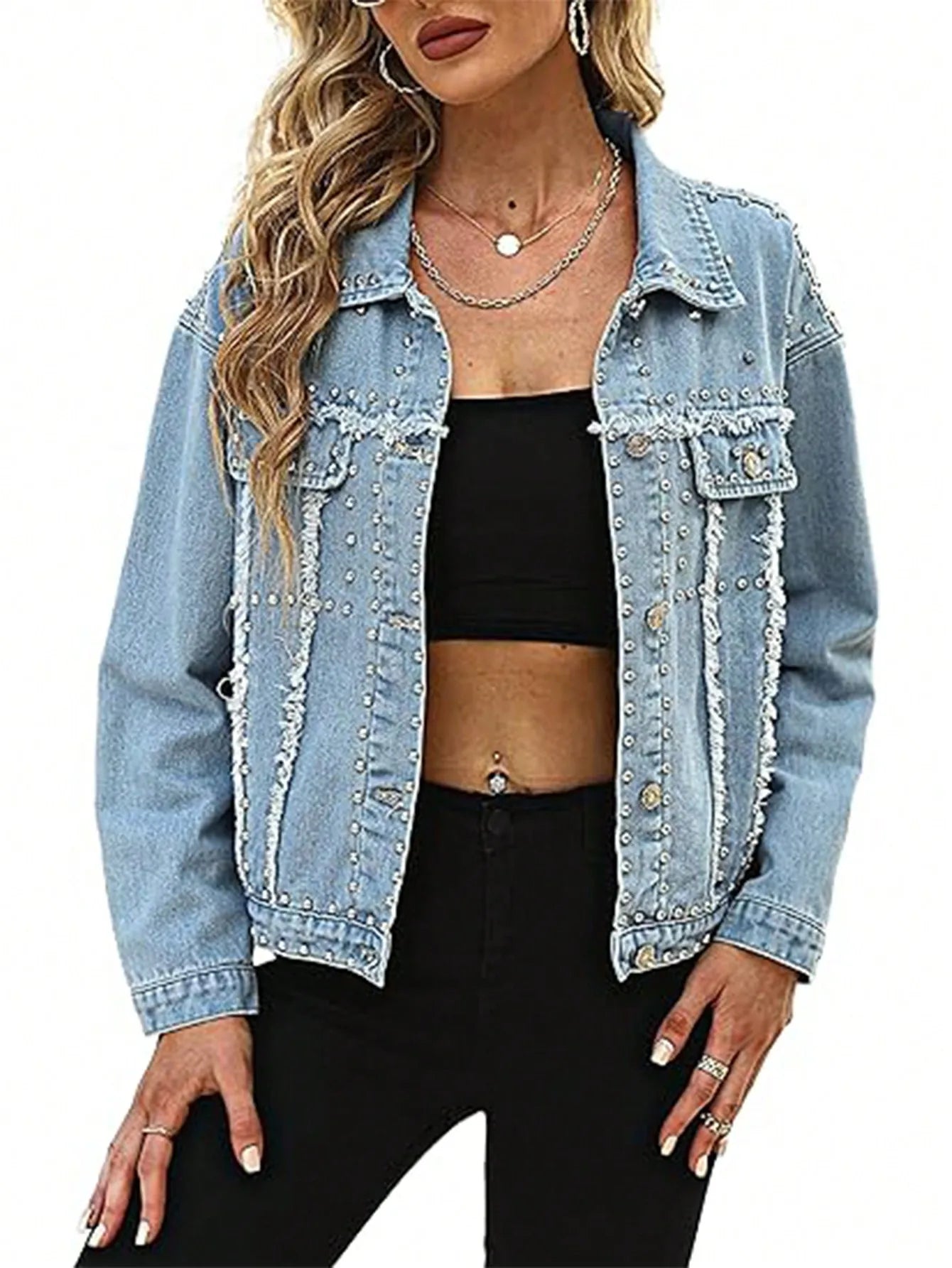 Studded Crop Denim Jacket For Women With Frayed Edges