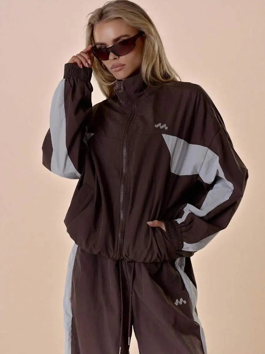 Nylon Track Jacket With Contrast Panels Full Zip Sporty