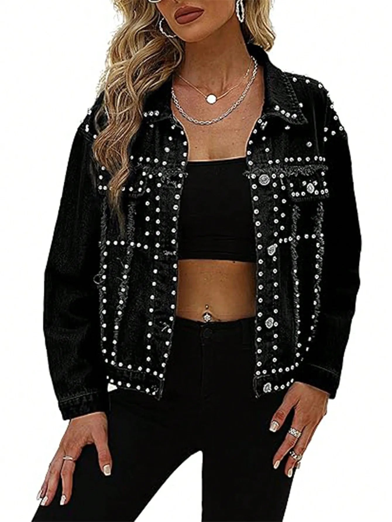 Studded Crop Denim Jacket For Women With Frayed Edges