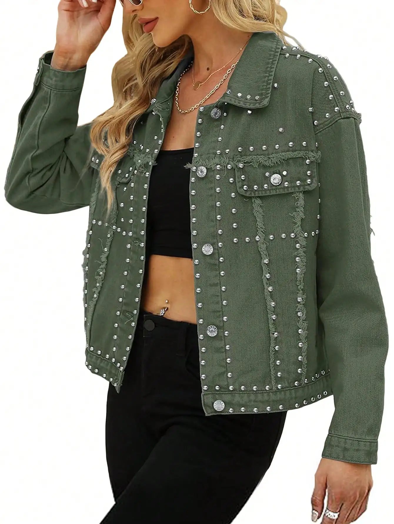 Studded Crop Denim Jacket For Women With Frayed Edges