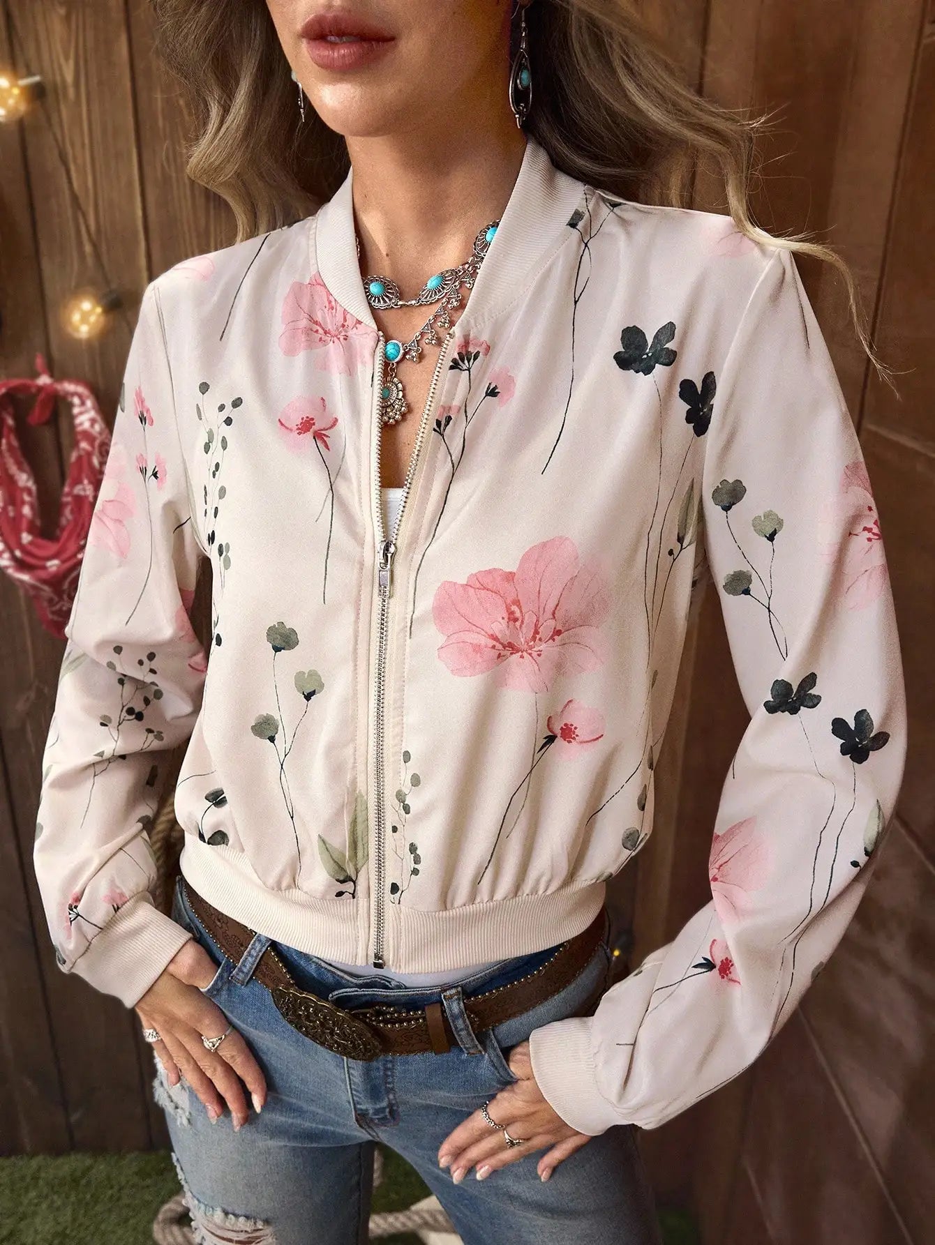 Floral Print Zip-Up Baseball Jacket For Women Casual Bomber Coat